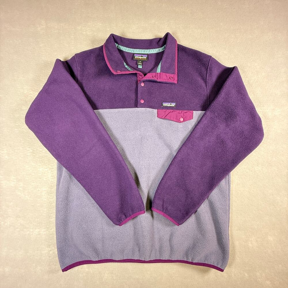 Womens Patagonia Synchilla color block purple 25455 Snap-T fleece pullover sz XL